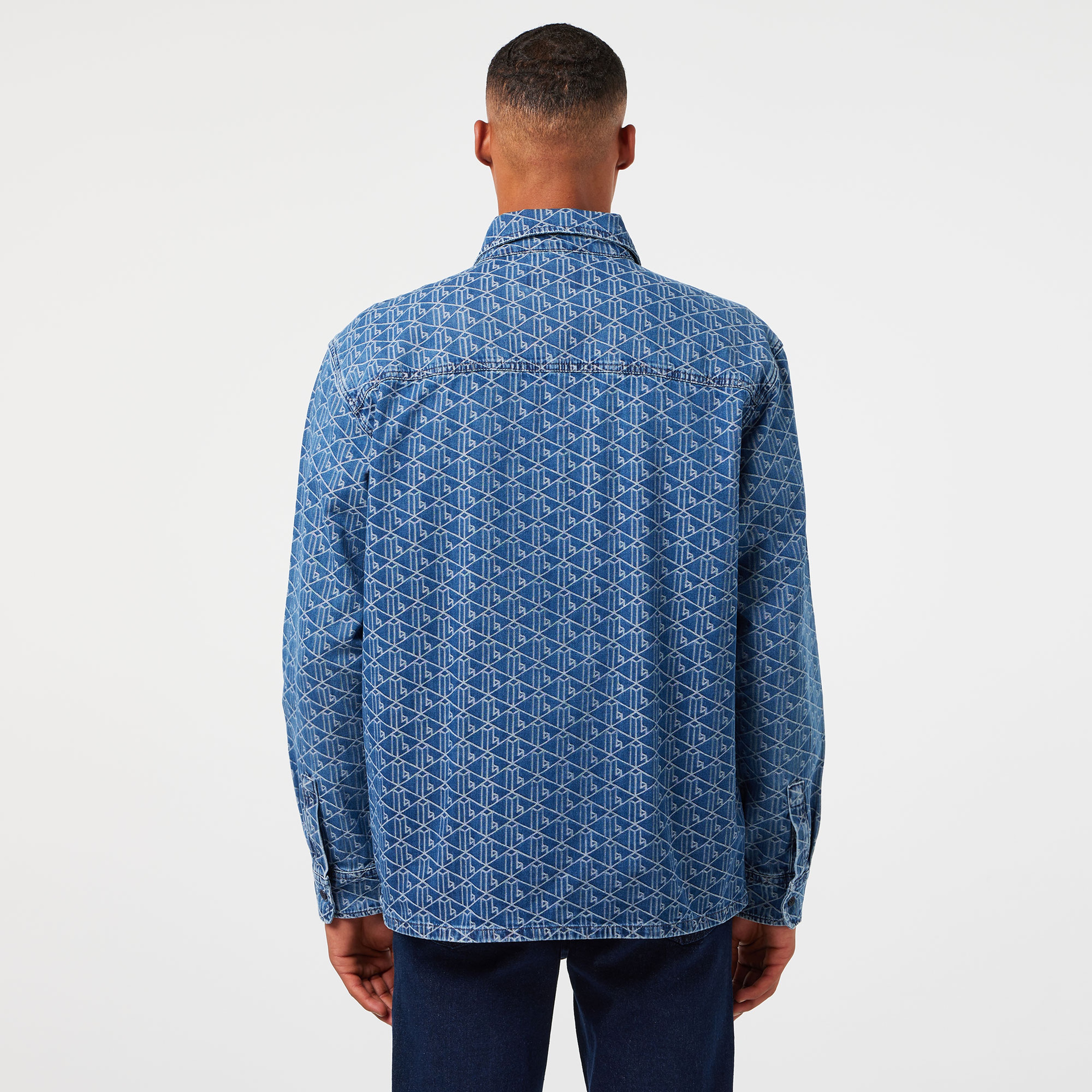 Erkek Relaxed Fit Fermuarlı Monogram Mavi Gömlek Ceket