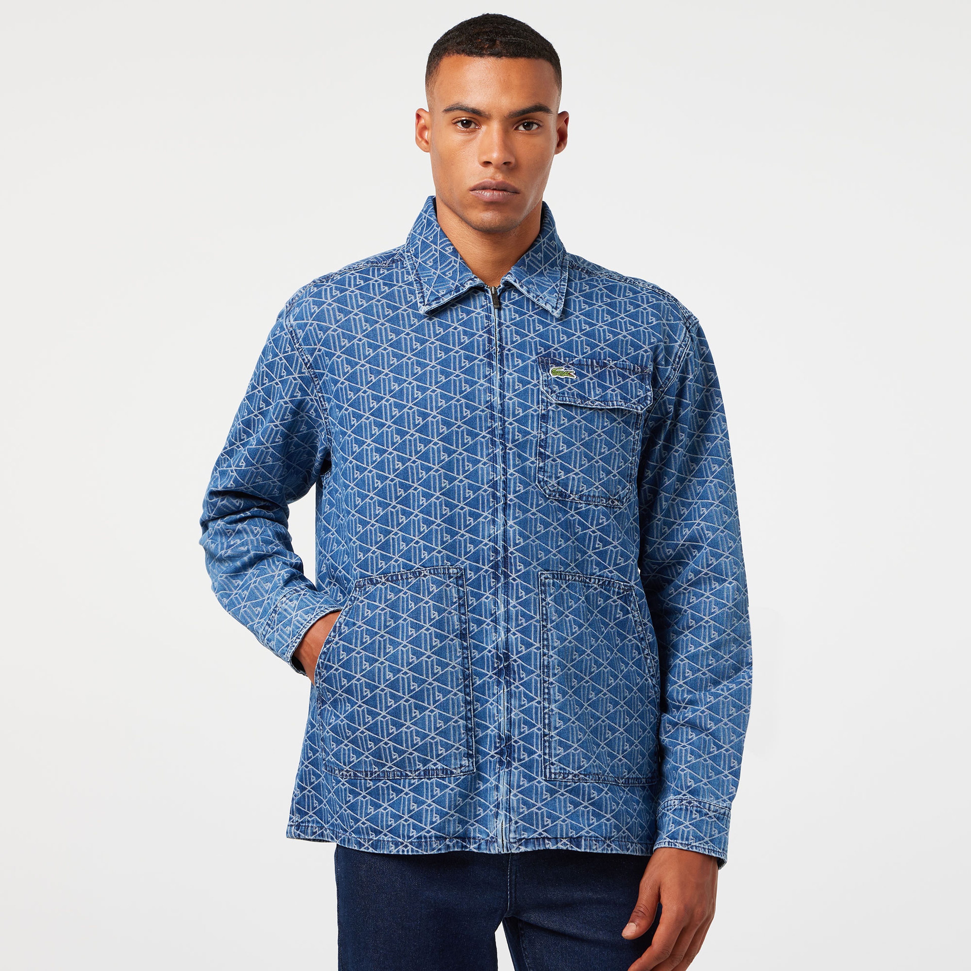 Erkek Relaxed Fit Fermuarlı Monogram Mavi Gömlek Ceket
