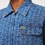 Erkek Relaxed Fit Fermuarlı Monogram Mavi Gömlek Ceket