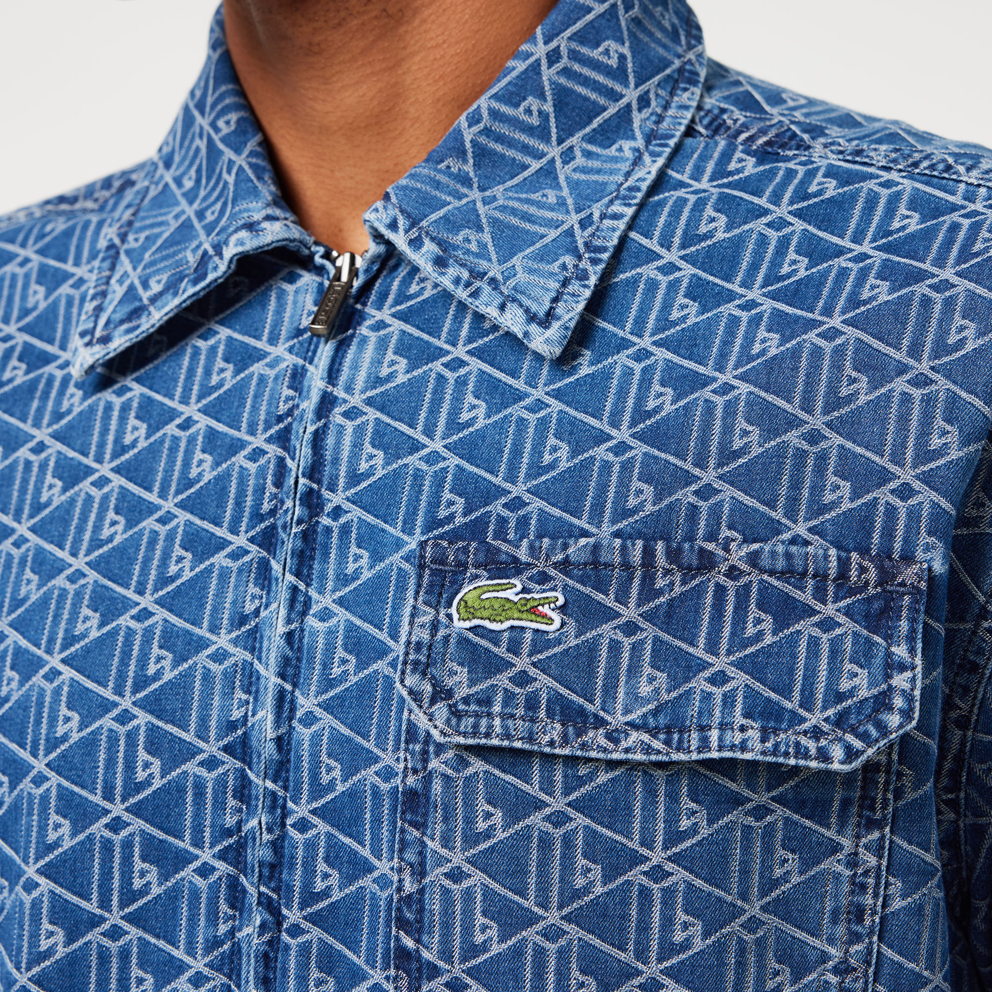 Erkek Relaxed Fit Fermuarlı Monogram Mavi Gömlek Ceket