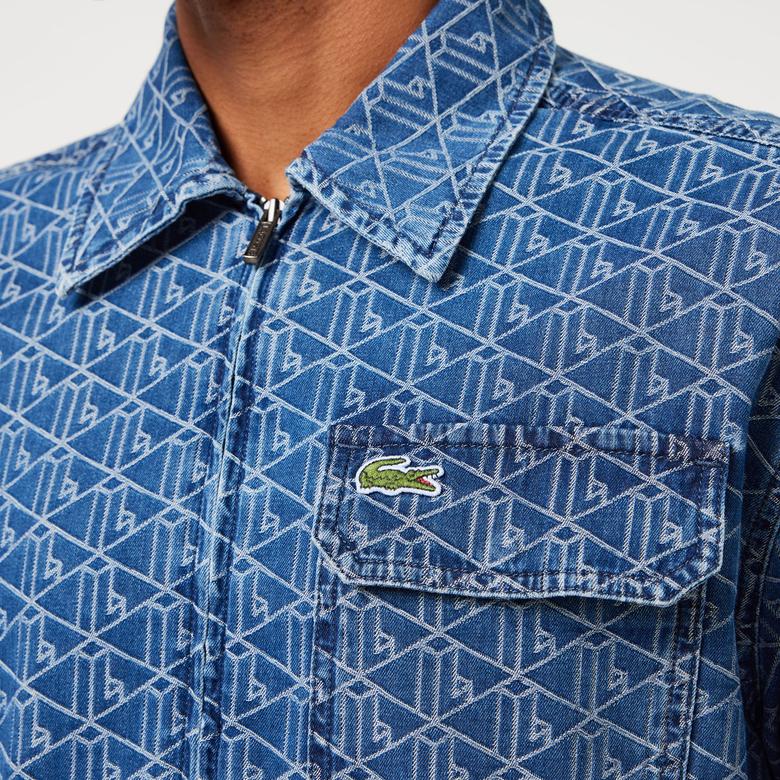 Erkek Relaxed Fit Fermuarlı Monogram Mavi Gömlek Ceket
