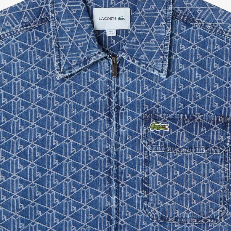 Erkek Relaxed Fit Fermuarlı Monogram Mavi Gömlek Ceket