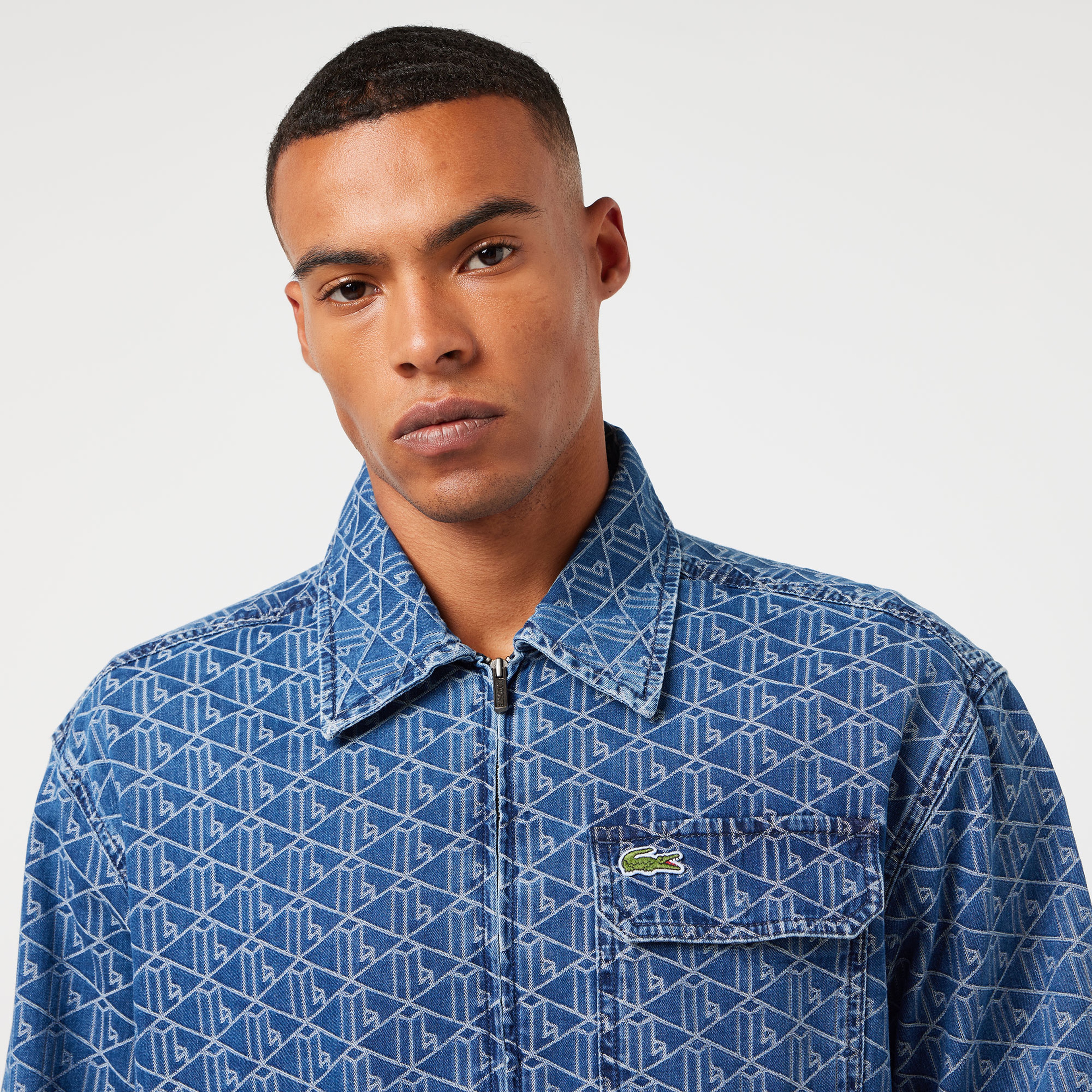 Erkek Relaxed Fit Fermuarlı Monogram Mavi Gömlek Ceket