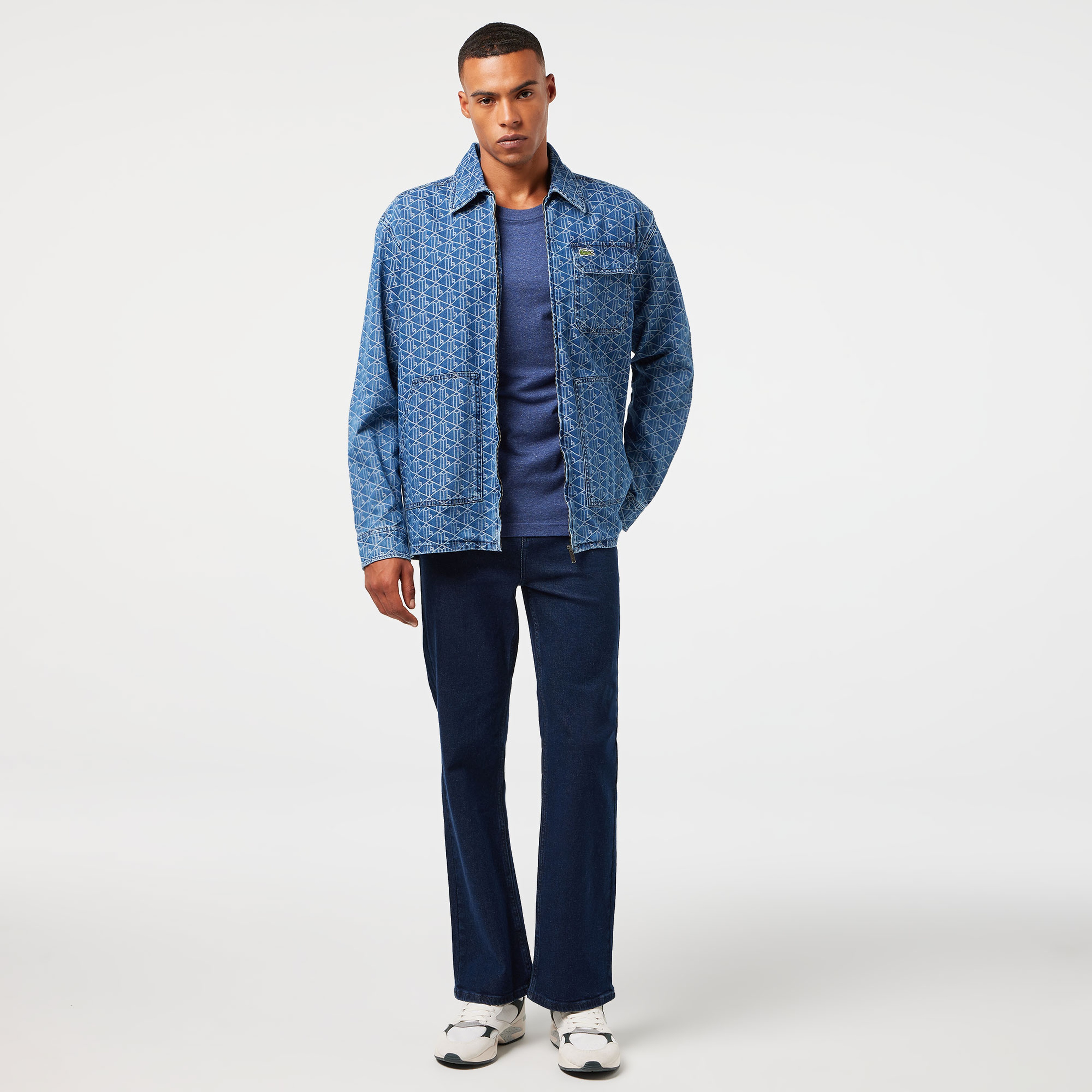Erkek Relaxed Fit Fermuarlı Monogram Mavi Gömlek Ceket