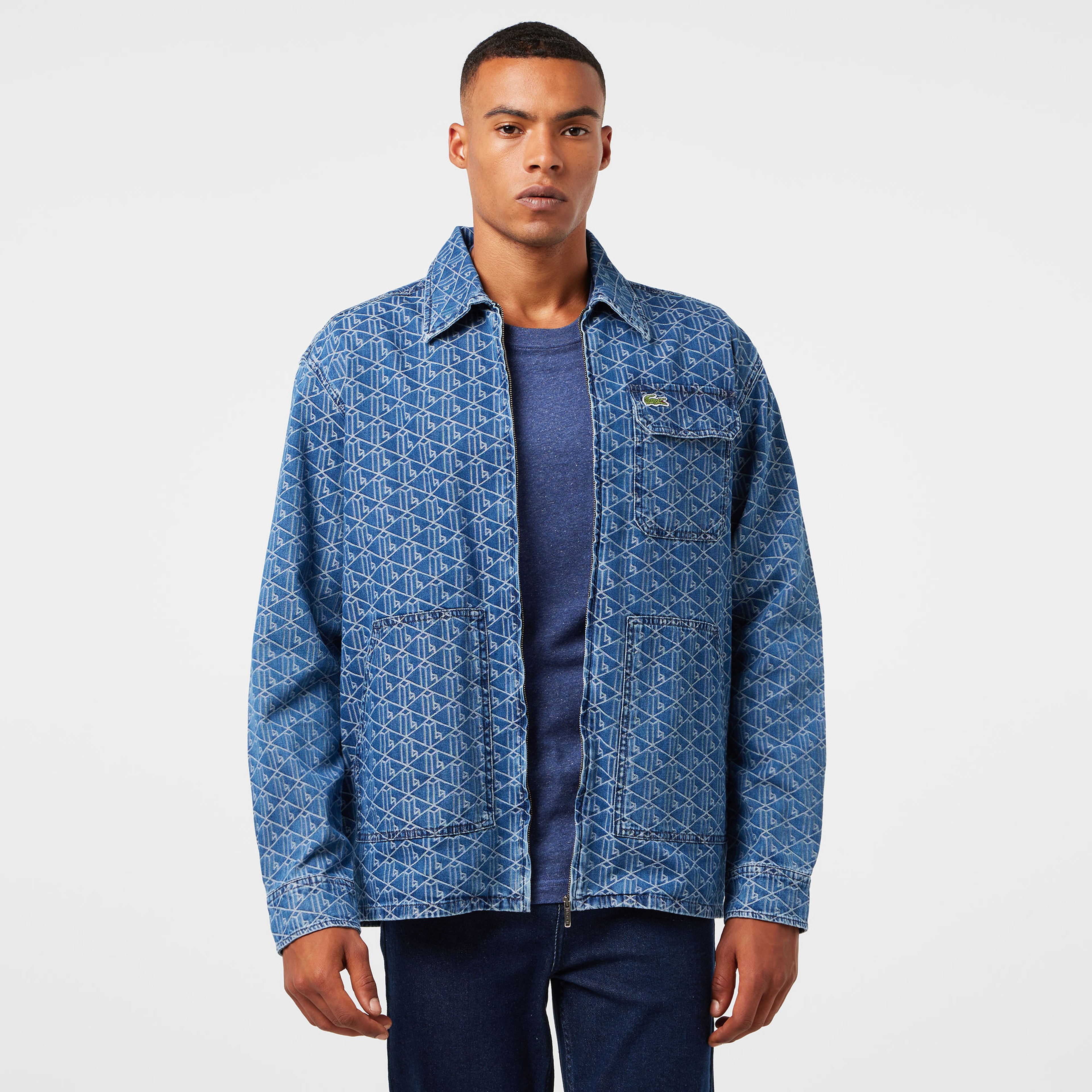 Erkek Relaxed Fit Fermuarlı Monogram Mavi Gömlek Ceket