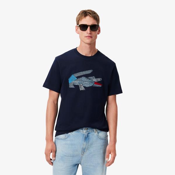 Erkek Classic Fit Bisiklet Yaka Baskılı Lacivert T-Shirt