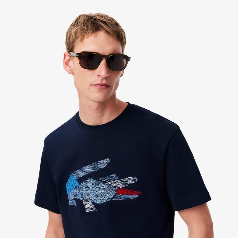 Erkek Classic Fit Bisiklet Yaka Baskılı Lacivert T-Shirt