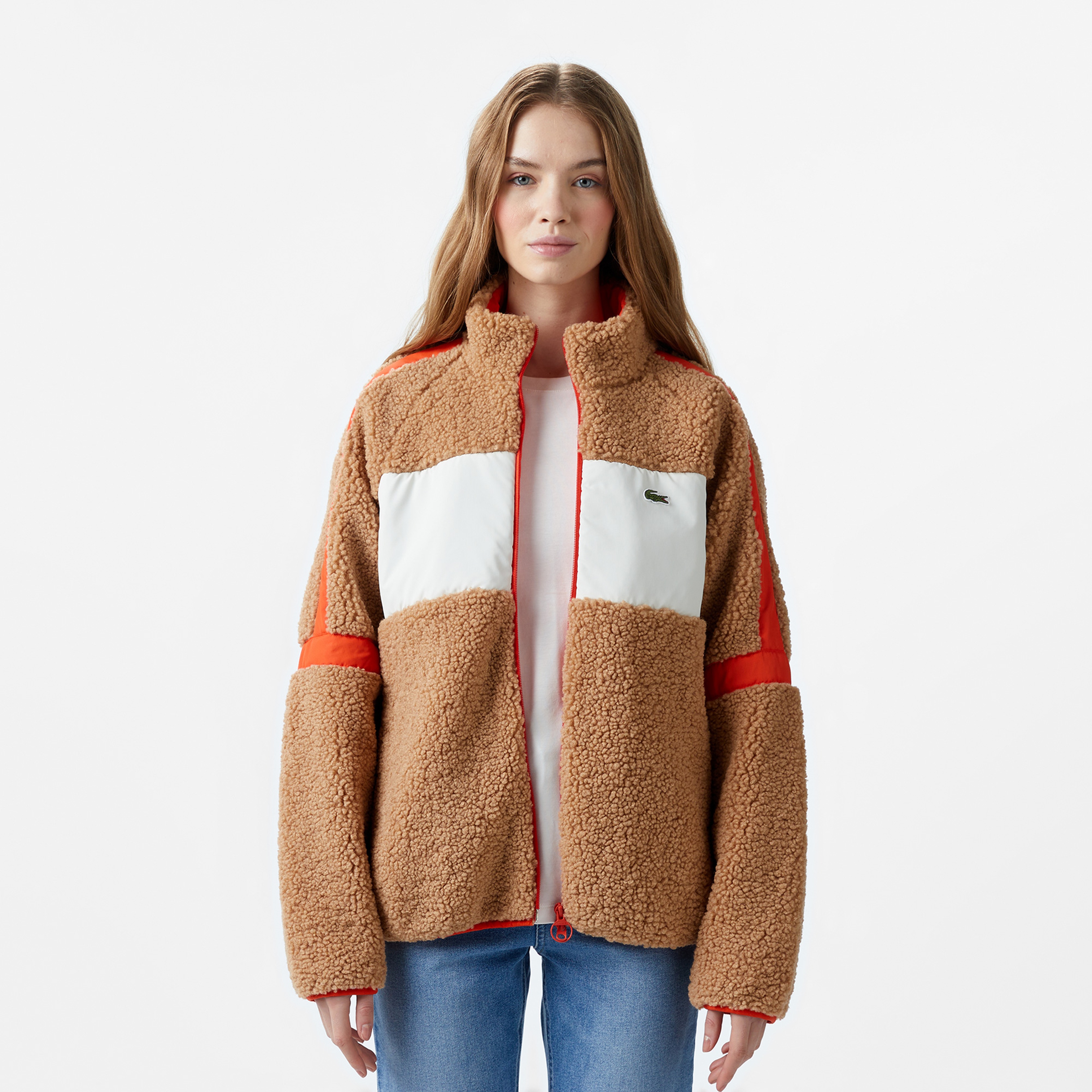 Kadın Dik Yaka Renk Bloklu Kahverengi Mont