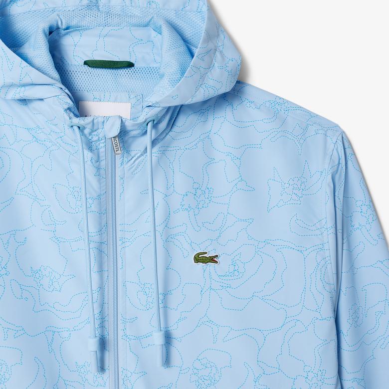 Erkek Regular Fit Kapüşonlu Desenli Mavi Rüzgarlık