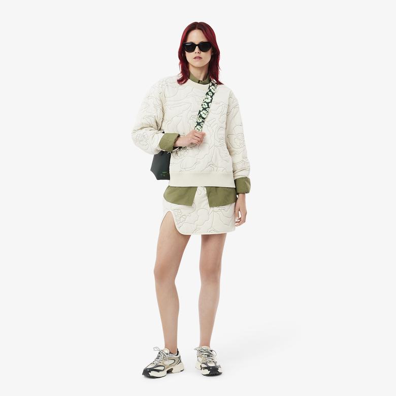 Kadın Oversize Fit Bisiklet Yaka Çift Taraflı Desenli Krem Sweatshirt