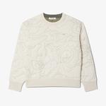 Kadın Oversize Fit Bisiklet Yaka Çift Taraflı Desenli Krem Sweatshirt