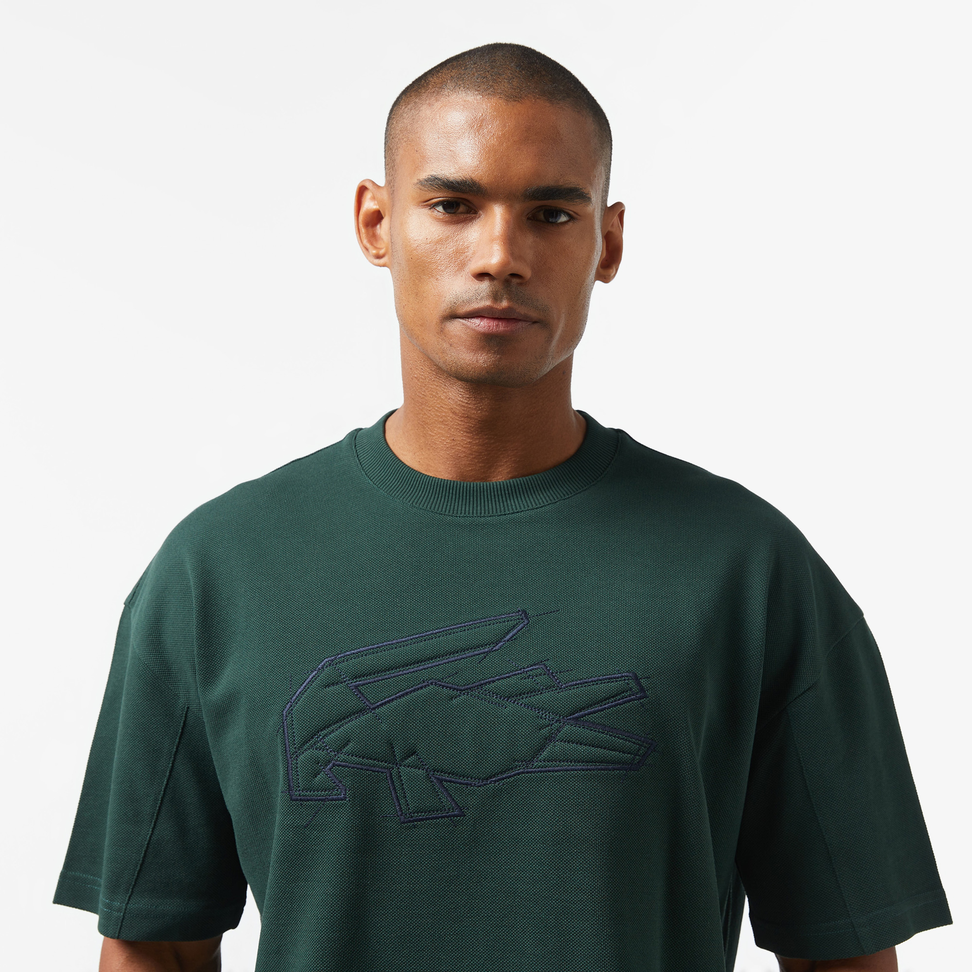 Erkek Oversize Fit Bisiklet Yaka Baskılı Koyu Yeşil T-Shirt