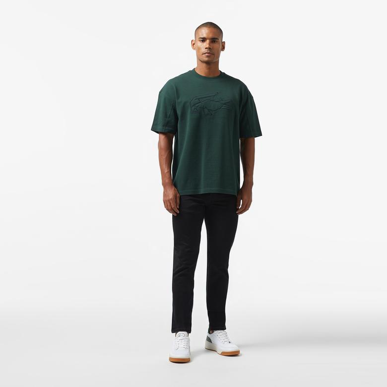 Erkek Oversize Fit Bisiklet Yaka Baskılı Koyu Yeşil T-Shirt