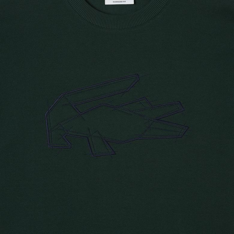 Erkek Oversize Fit Bisiklet Yaka Baskılı Koyu Yeşil T-Shirt