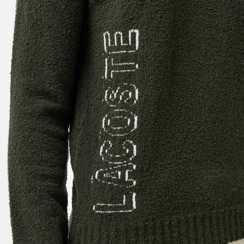 Erkek Relaxed Fit Bisiklet Yaka Baskılı Koyu Yeşil Kazak