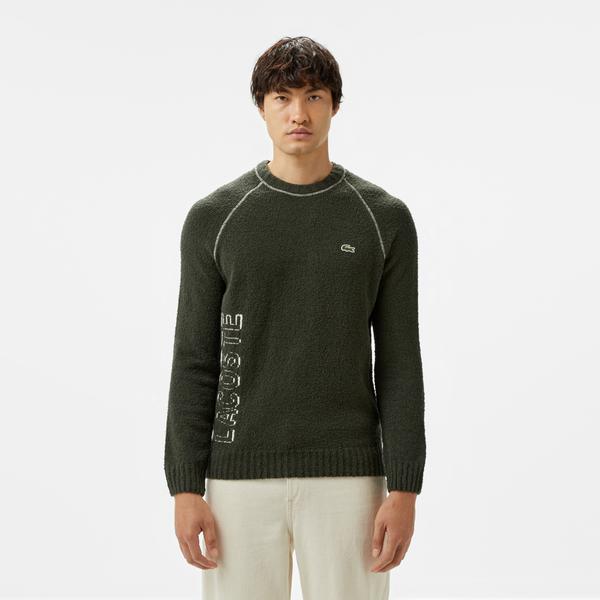 Erkek Relaxed Fit Bisiklet Yaka Baskılı Koyu Yeşil Kazak