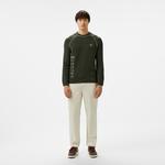 Erkek Relaxed Fit Bisiklet Yaka Baskılı Koyu Yeşil Kazak