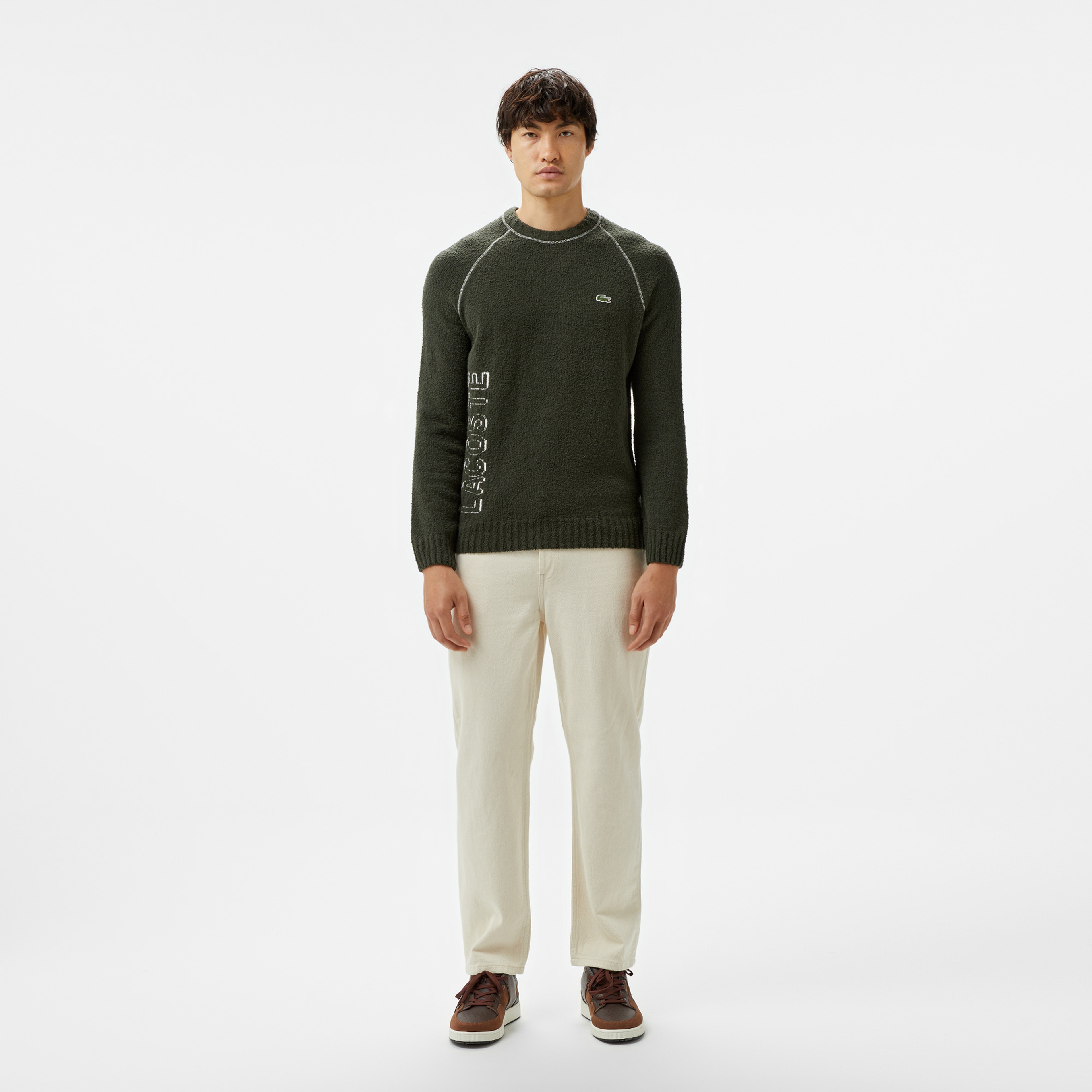 Erkek Relaxed Fit Bisiklet Yaka Baskılı Koyu Yeşil Kazak