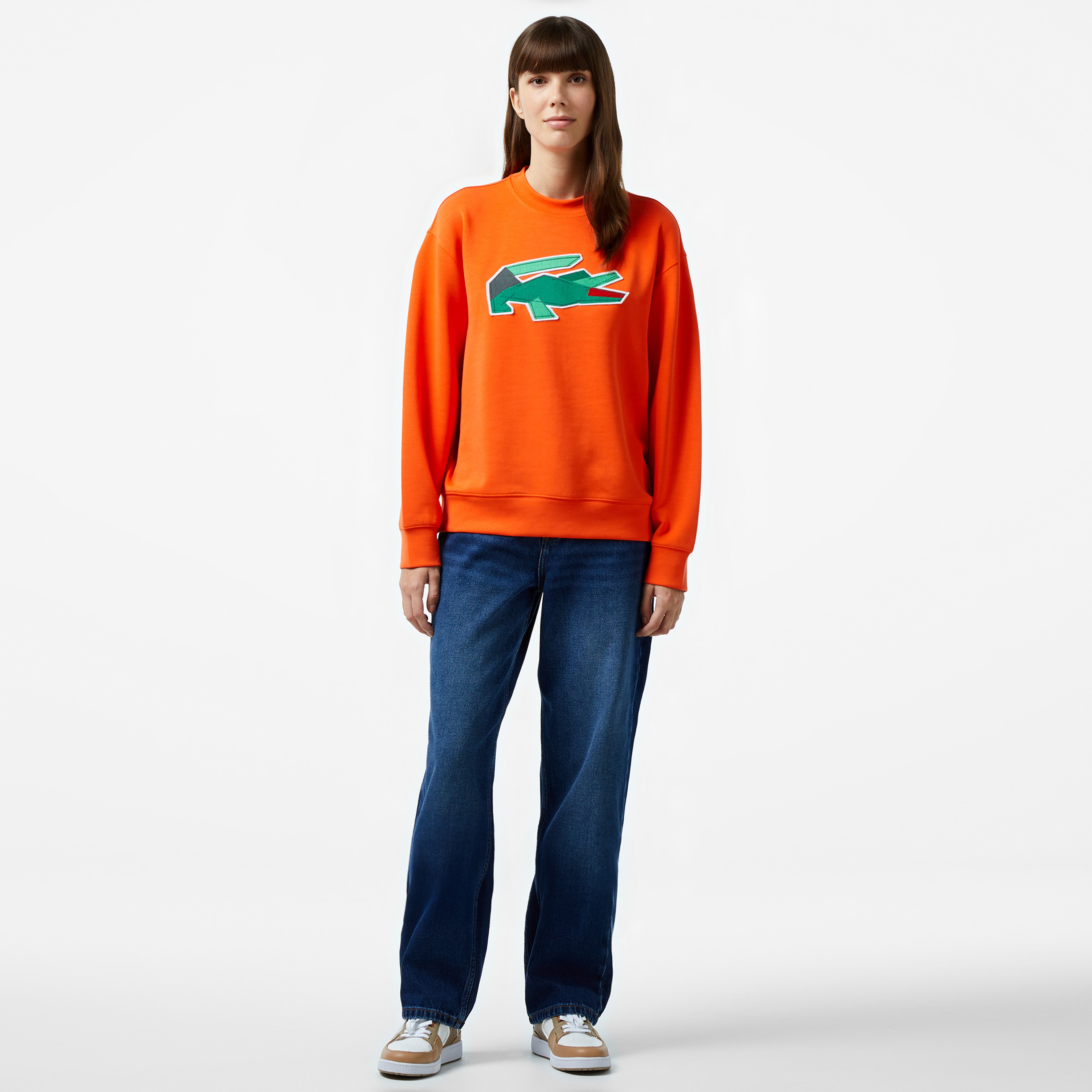 Kadın Oversize Fit Bisiklet Yaka Baskılı Turuncu Sweatshirt