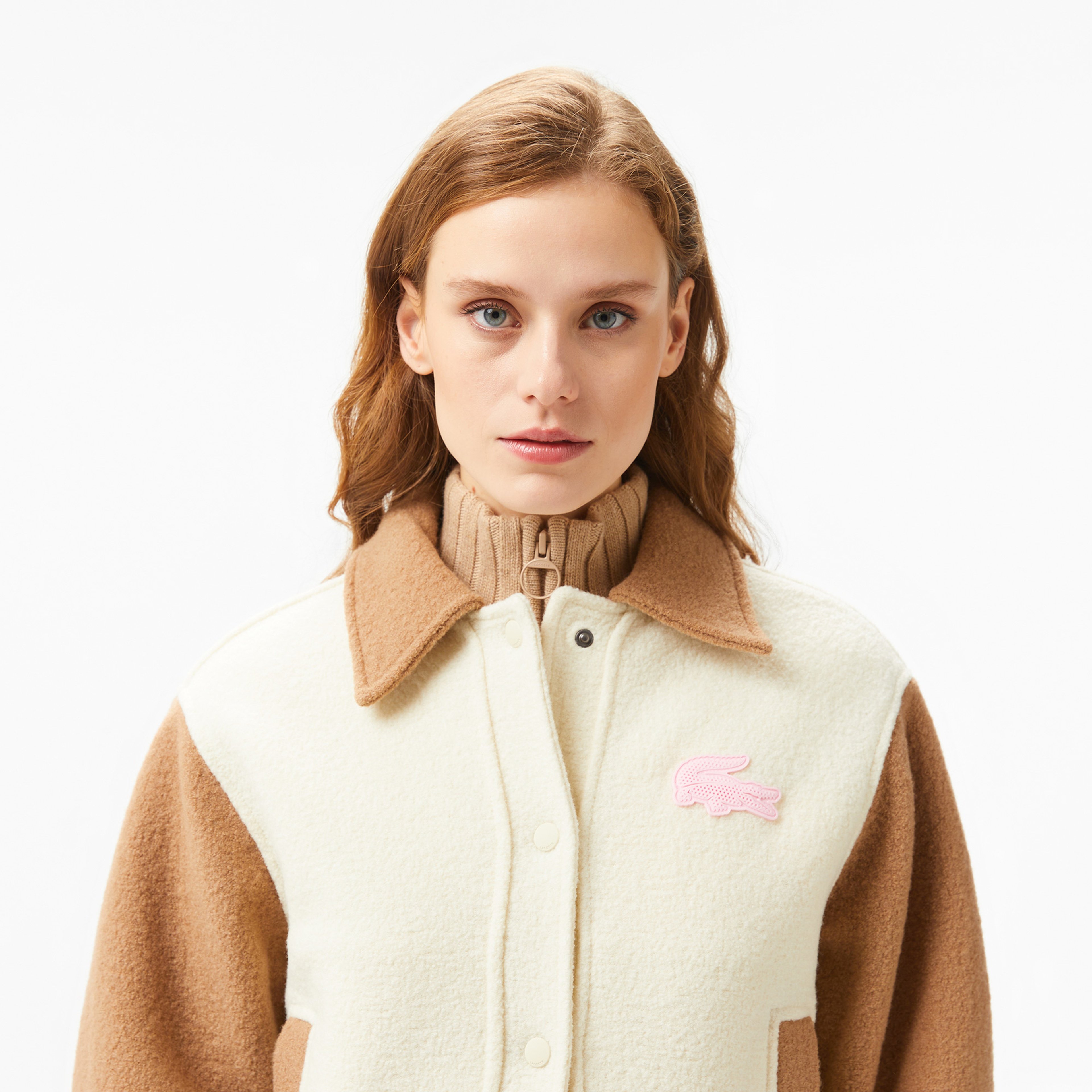 Kadın Relaxed Fit Gömlek Yaka Renk Bloklu Bej Mont