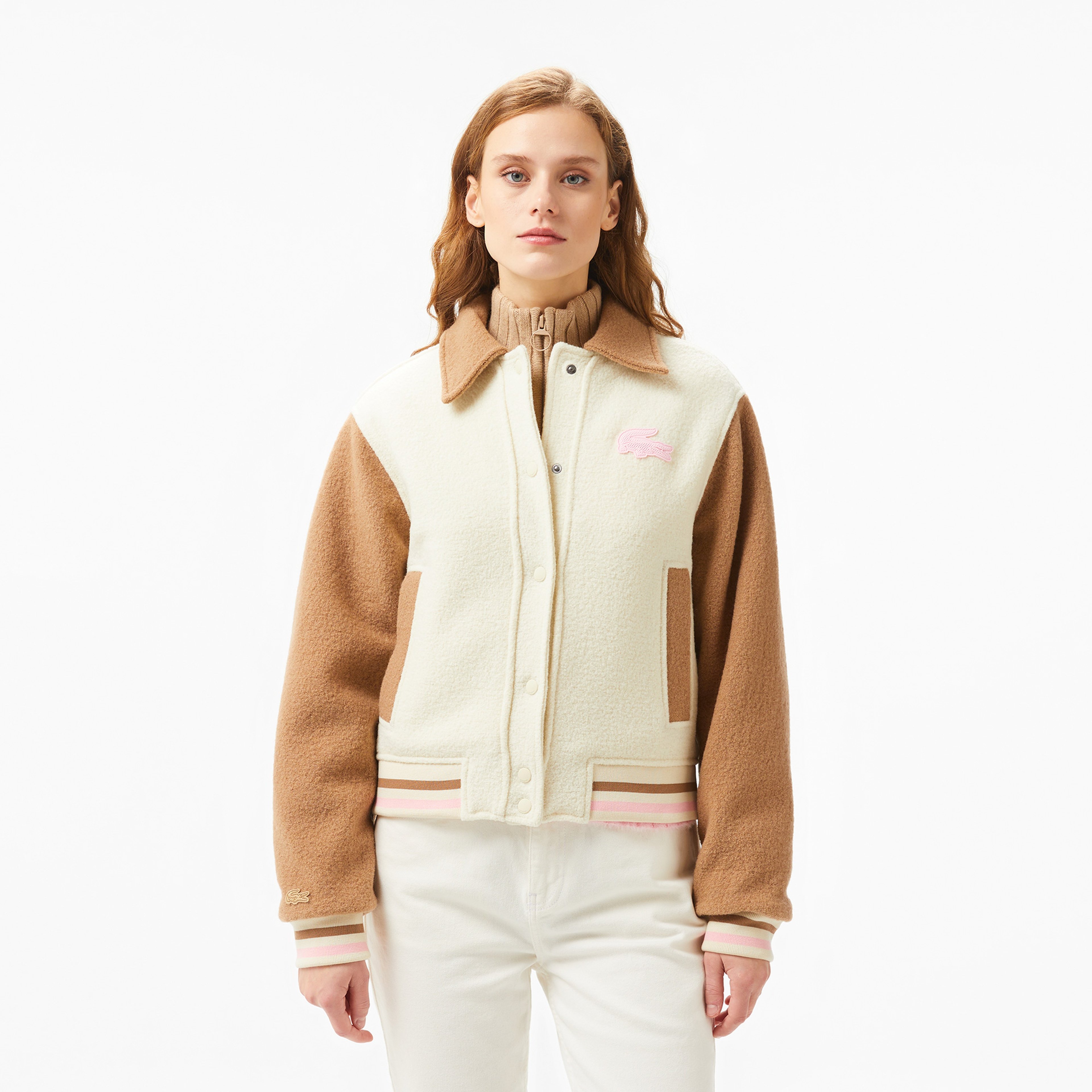 Kadın Relaxed Fit Gömlek Yaka Renk Bloklu Bej Mont