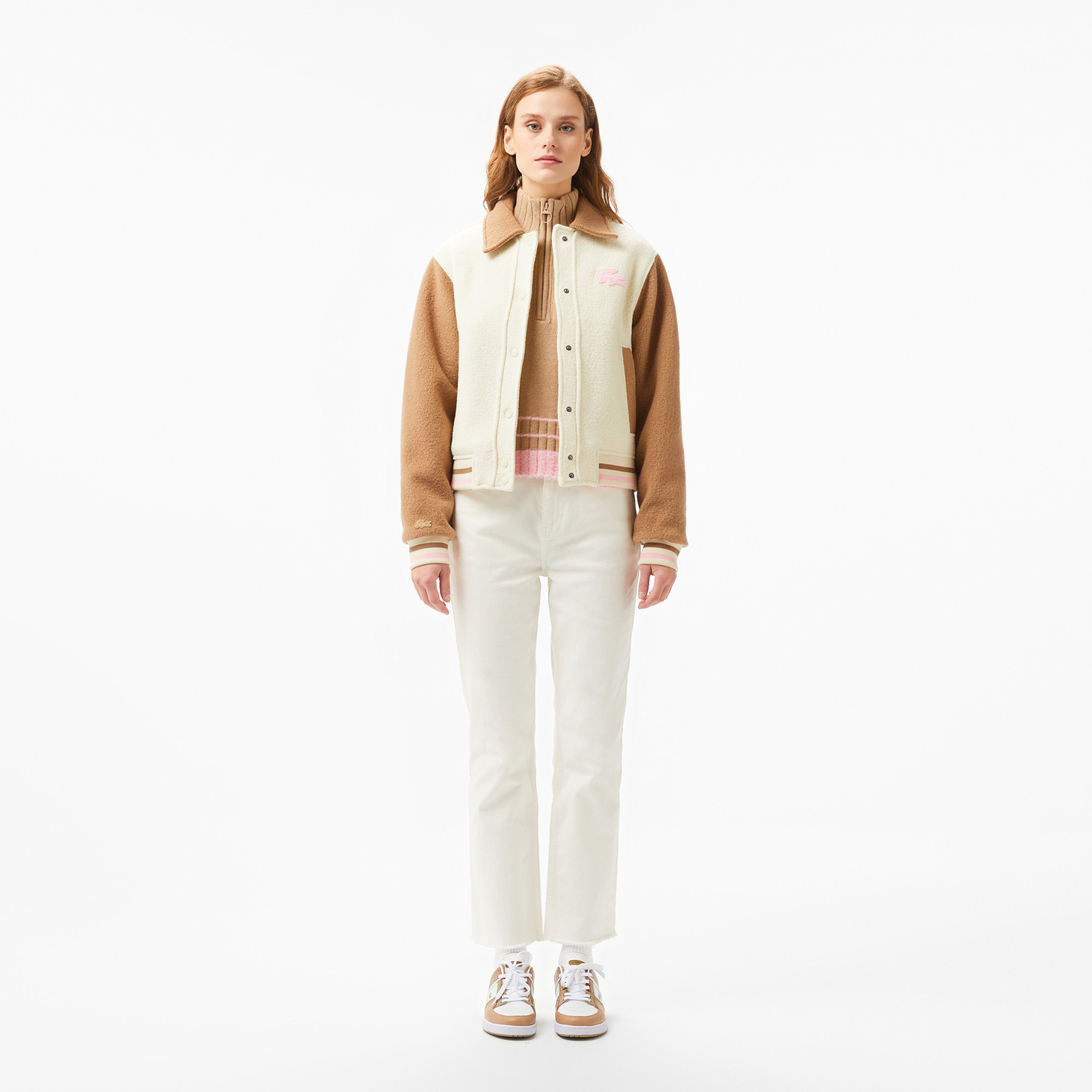 Kadın Relaxed Fit Gömlek Yaka Renk Bloklu Bej Mont