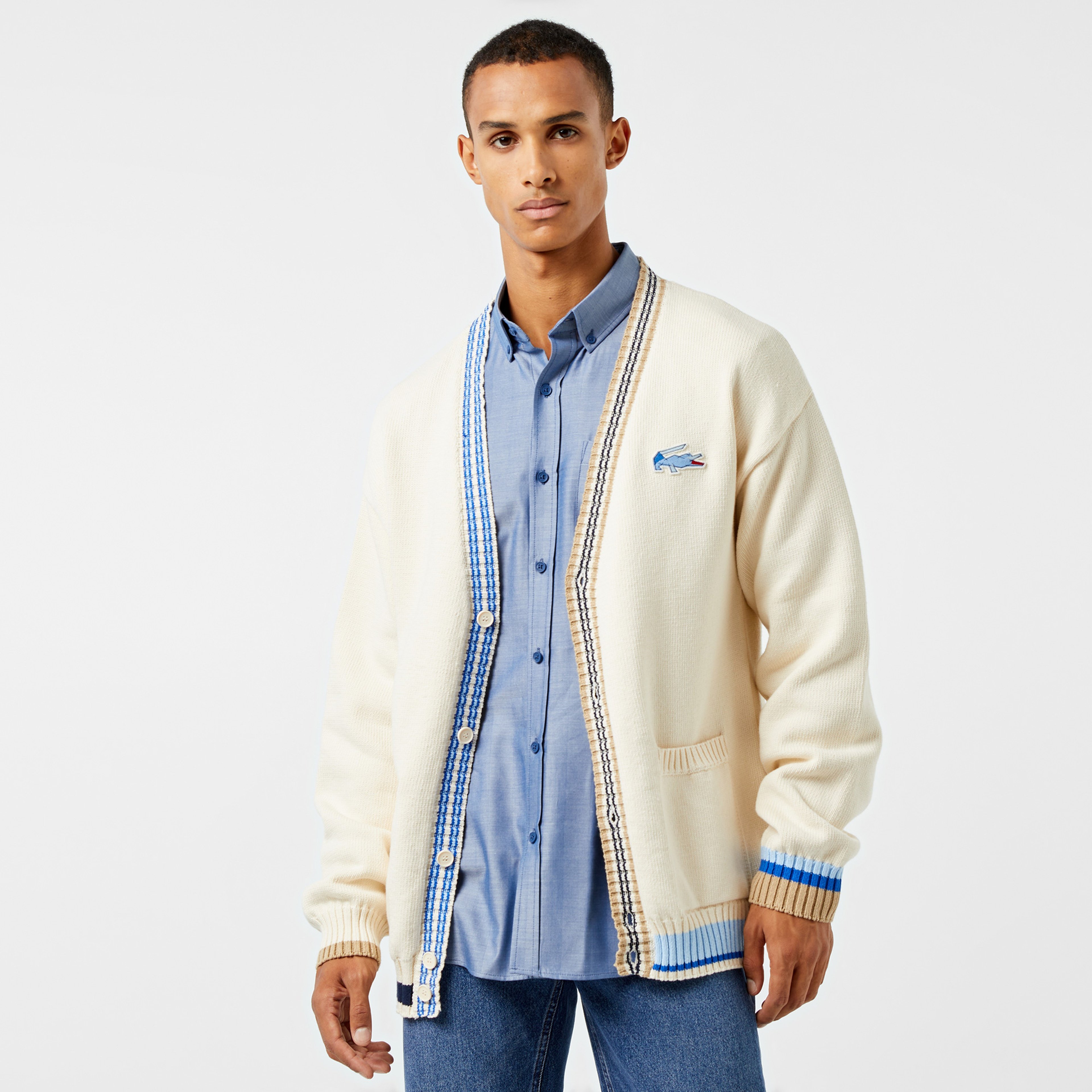 Erkek Loose Fit V Yaka Renk Bloklu Krem Hırka