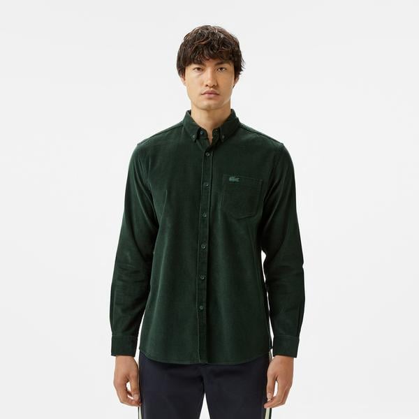 Erkek Regular Fit Düğmeli Yaka Koyu Yeşil Gömlek