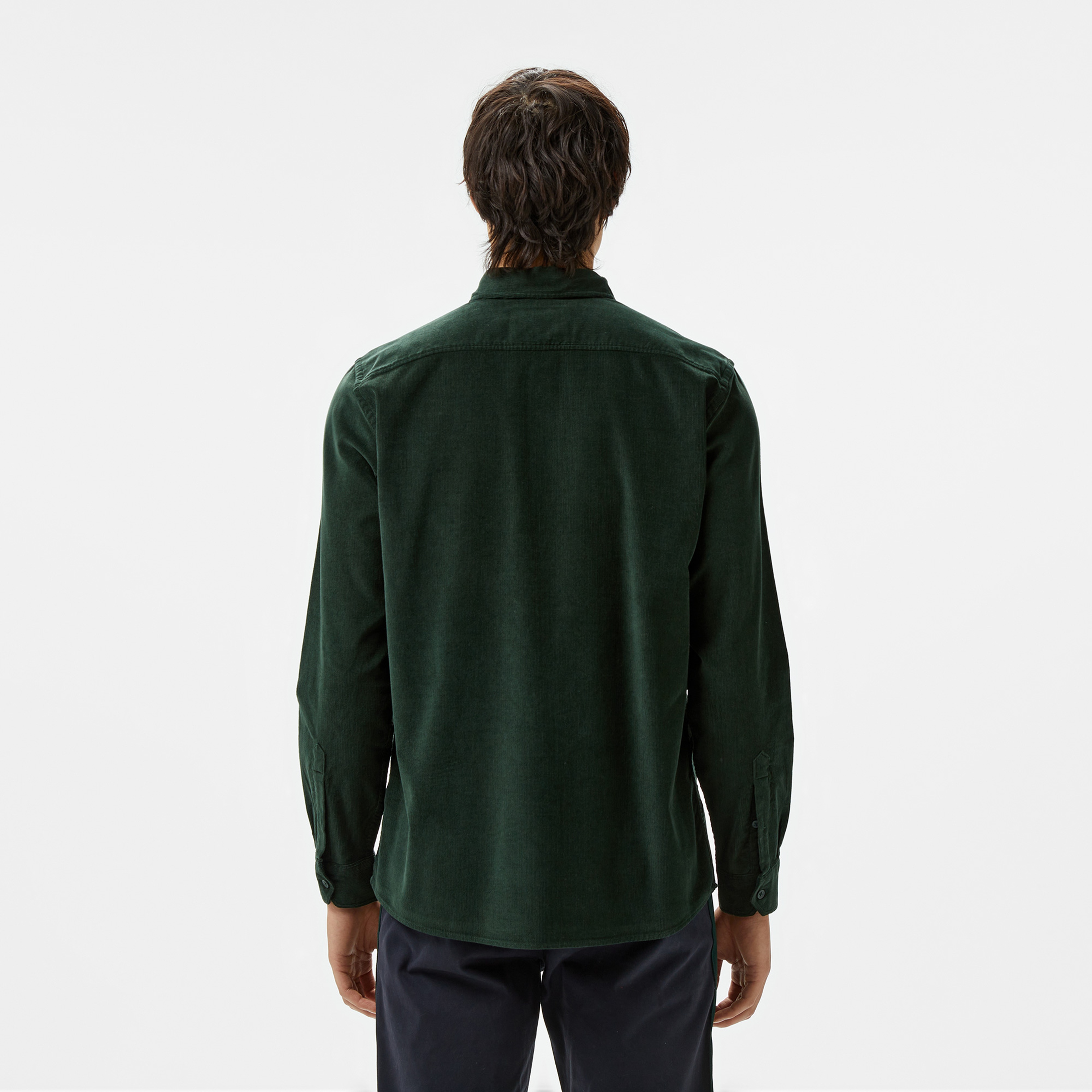 Erkek Regular Fit Düğmeli Yaka Koyu Yeşil Gömlek