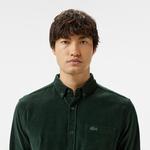 Erkek Regular Fit Düğmeli Yaka Koyu Yeşil Gömlek