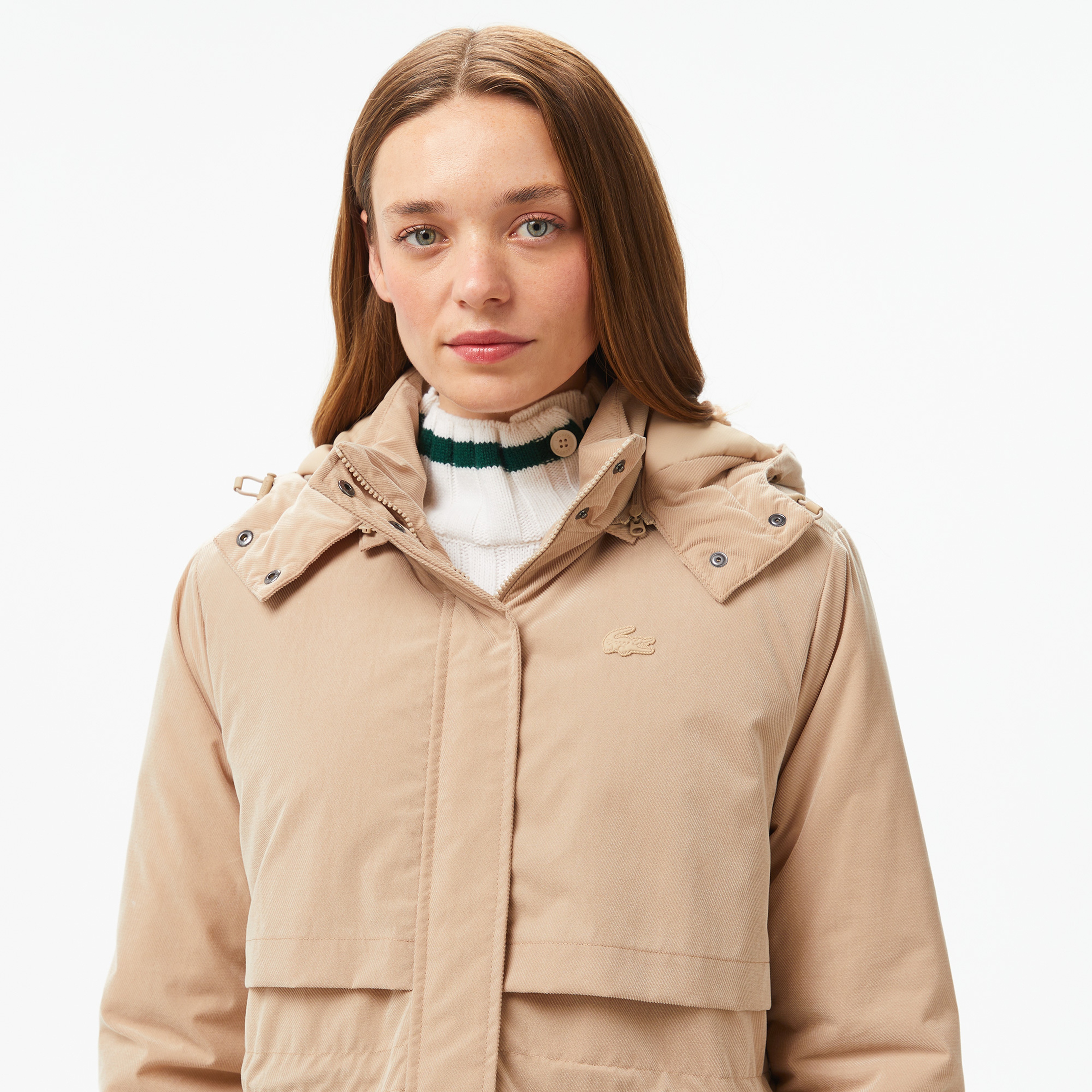 Kadın Relaxed Fit Kapüşonlu Bej Mont