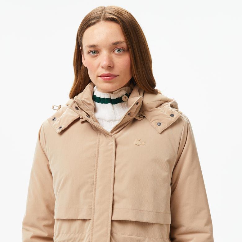 Kadın Relaxed Fit Kapüşonlu Bej Mont