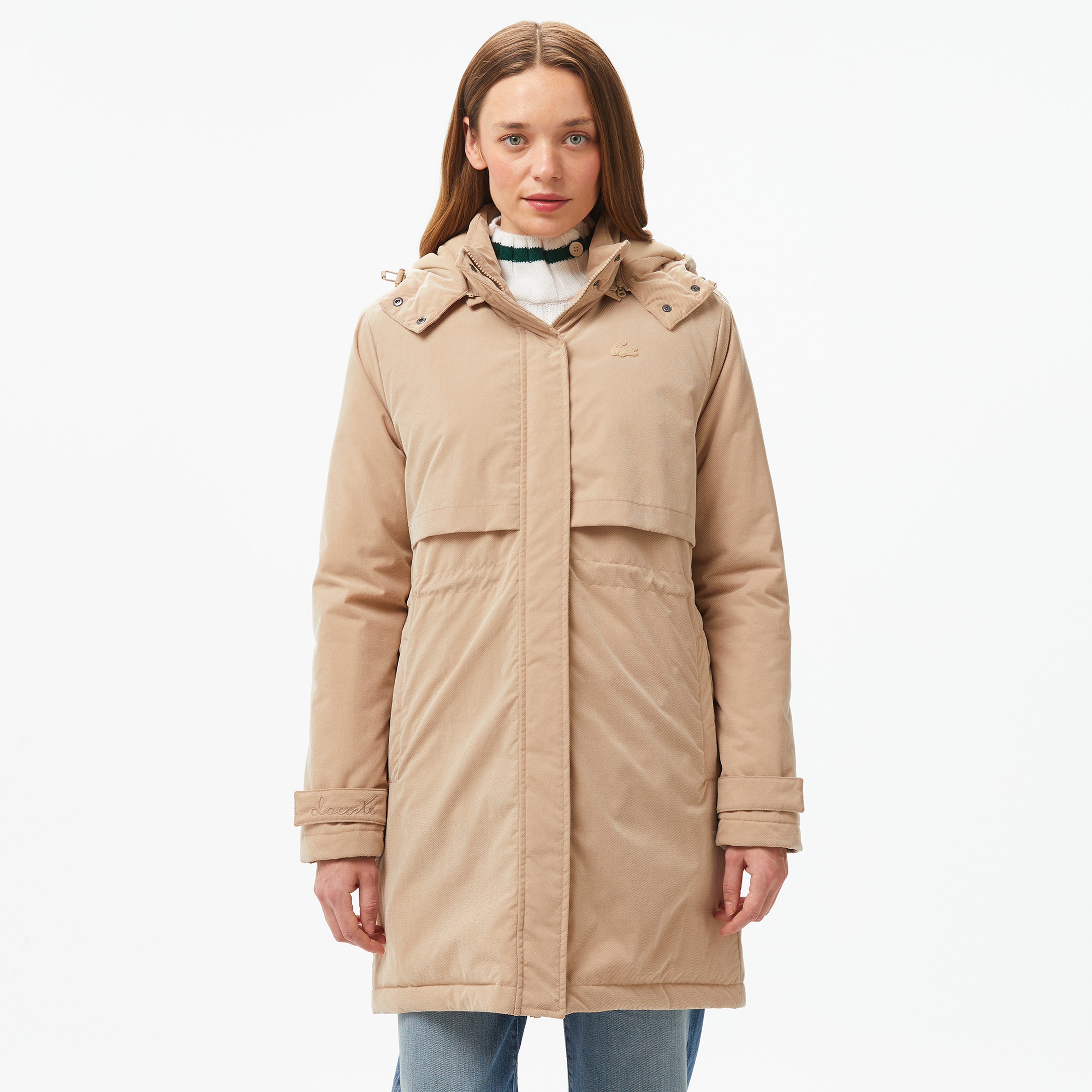 Kadın Relaxed Fit Kapüşonlu Bej Mont