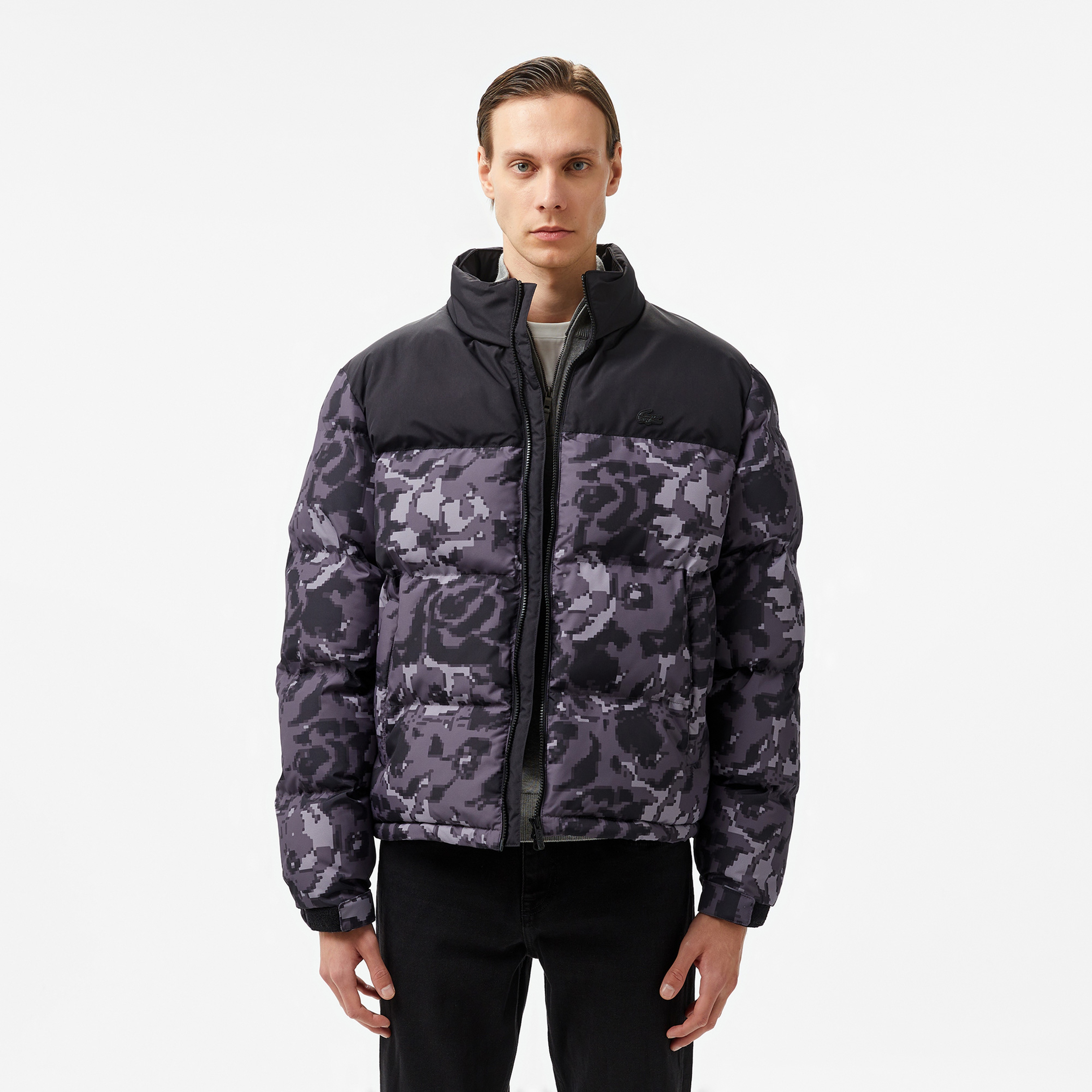 Erkek Desenli Siyah Şişme Mont