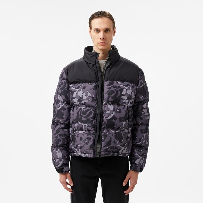 Erkek Desenli Siyah Şişme Mont