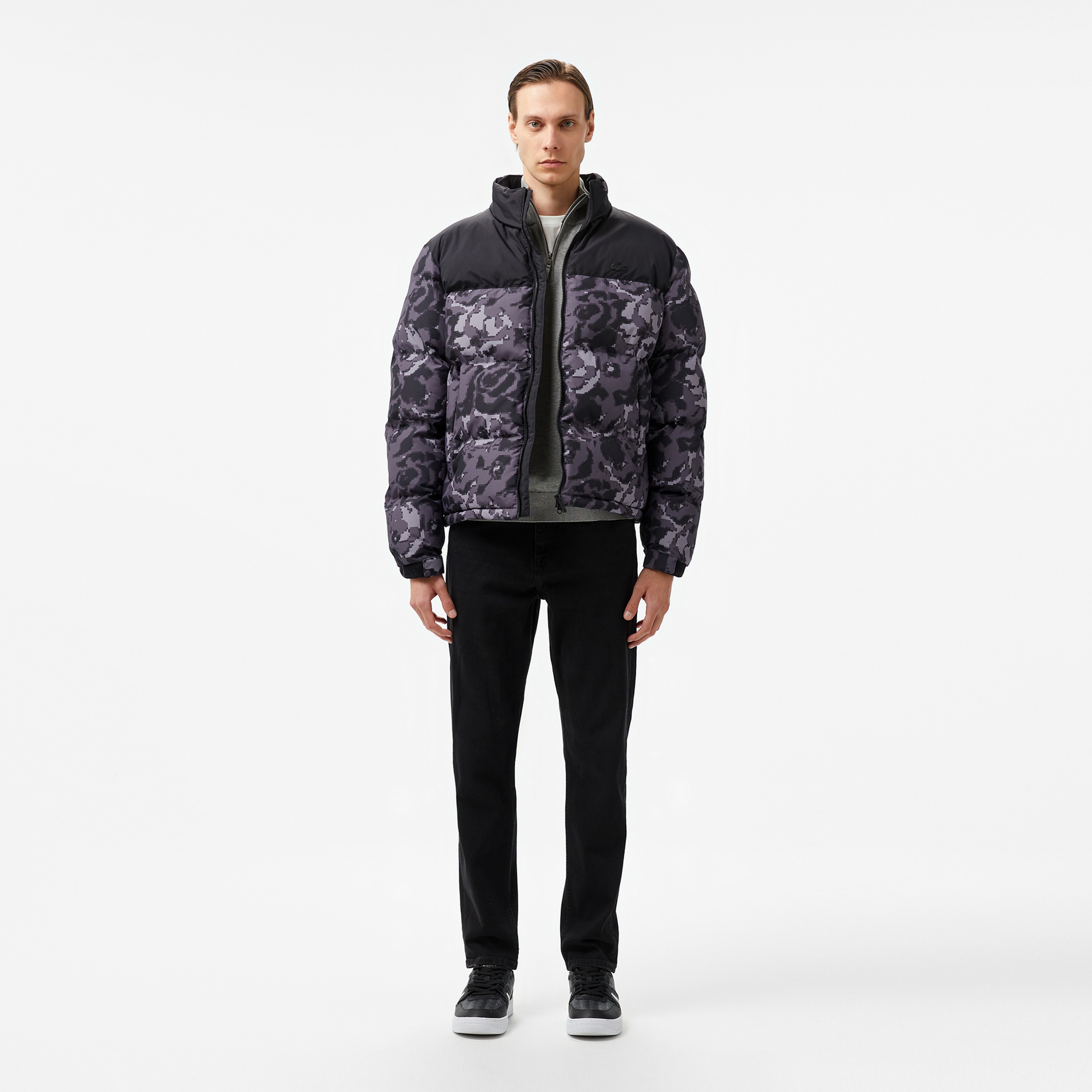 Erkek Desenli Siyah Şişme Mont