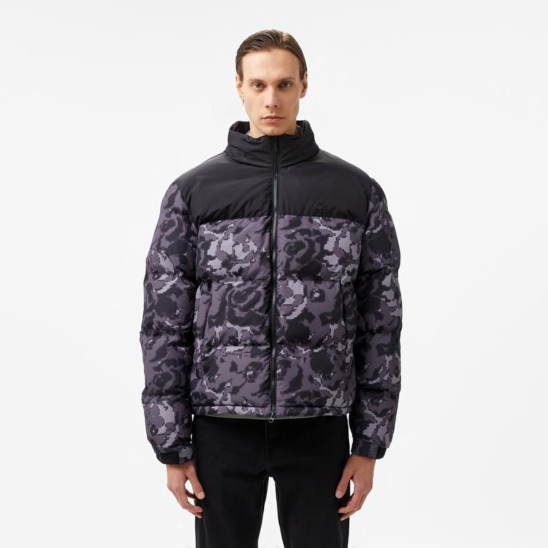 Erkek Desenli Siyah Şişme Mont