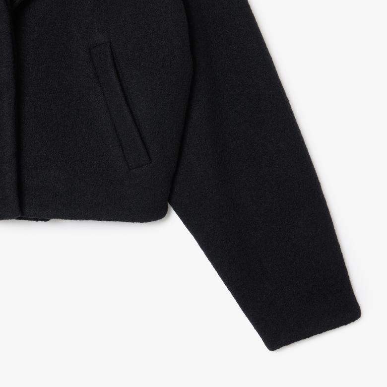 Kadın Oversize Fit Gömlek Yaka Yün Siyah Mont