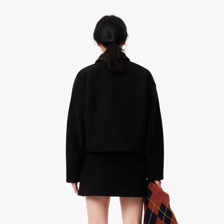 Kadın Oversize Fit Gömlek Yaka Yün Siyah Mont