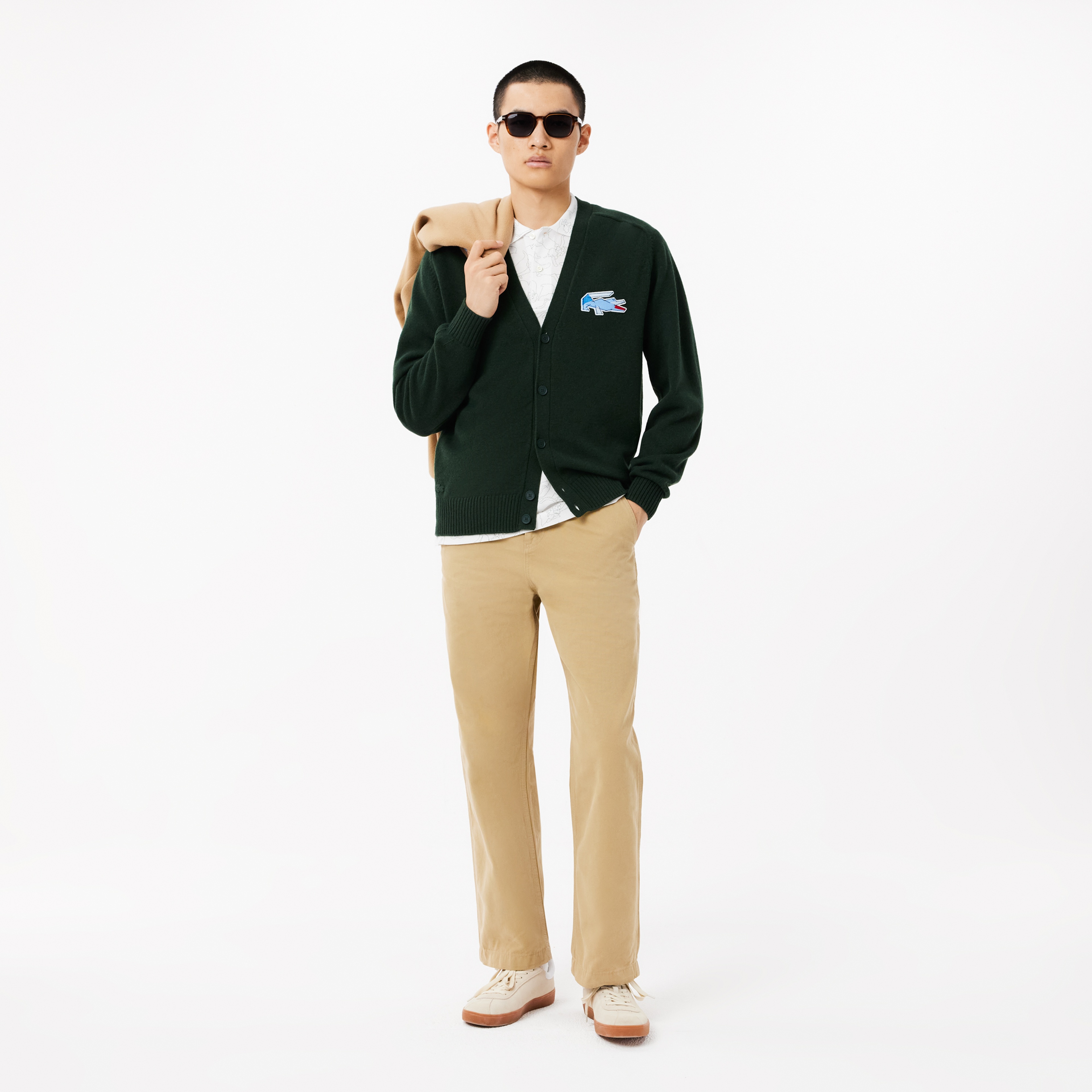 Erkek Classic Fit V Yaka Yün Koyu Yeşil Hırka