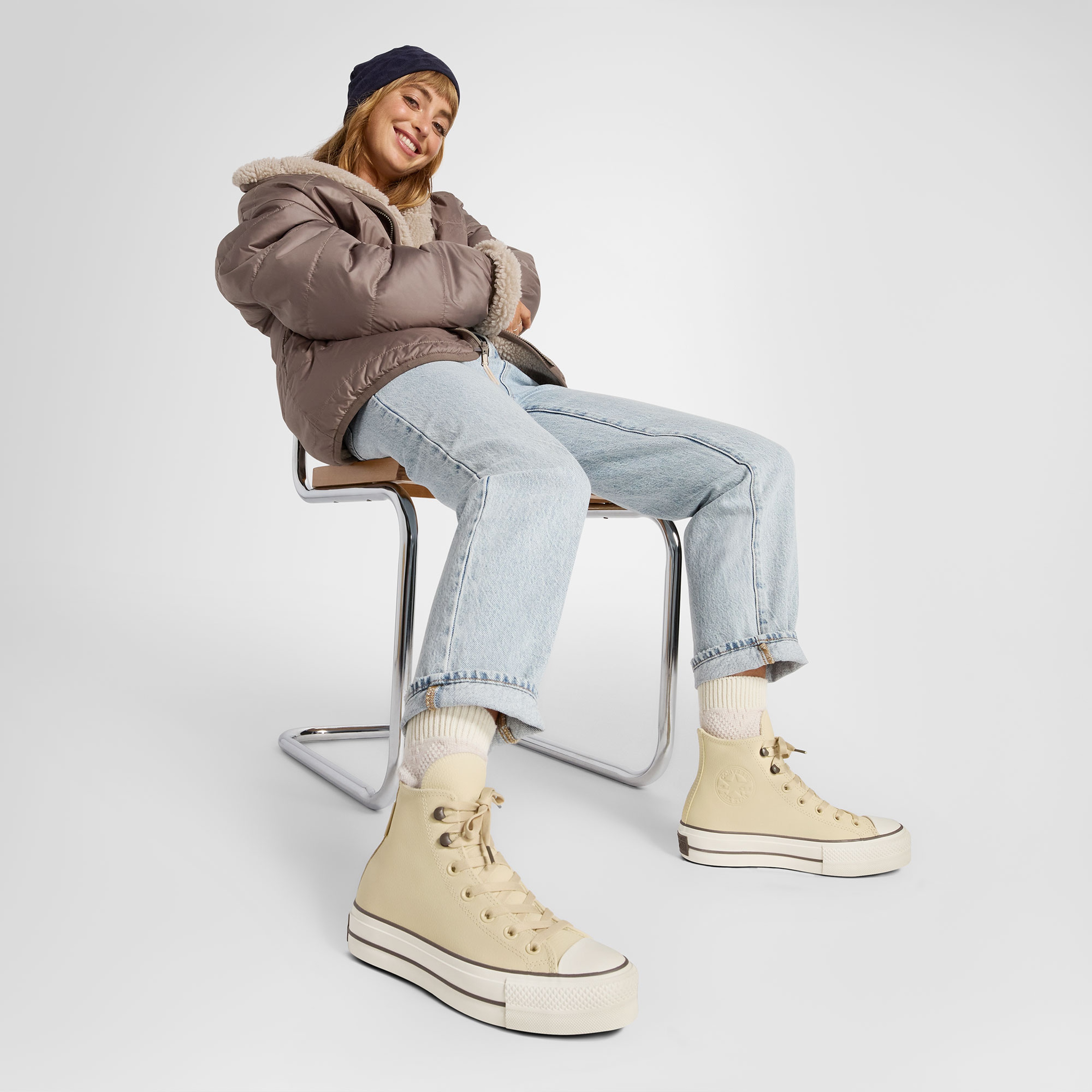 Converse Chuck Taylor All Star Lift Platform Weatherized Leather Unisex Krem Deri Bot