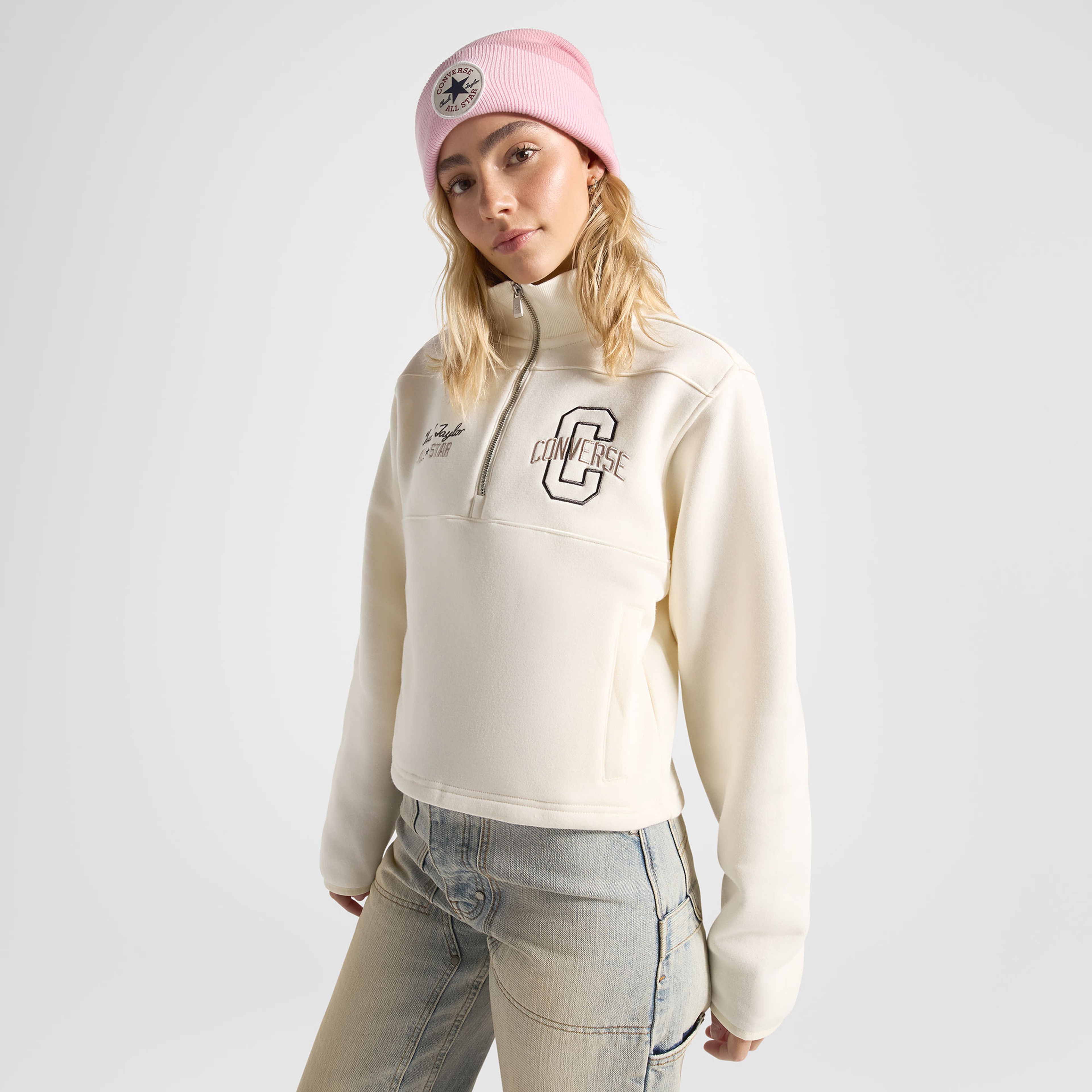 Converse Classic Kadın Yarım Fermuarlı Krem Sweatshirt