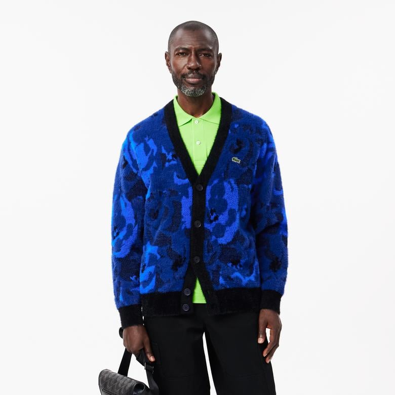 Erkek Relaxed Fit V Yaka Desenli Lacivert Hırka