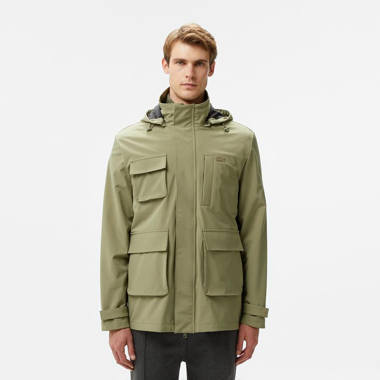 Erkek Regular Fit Kapüşonlu Baskılı Haki Yağmurluk