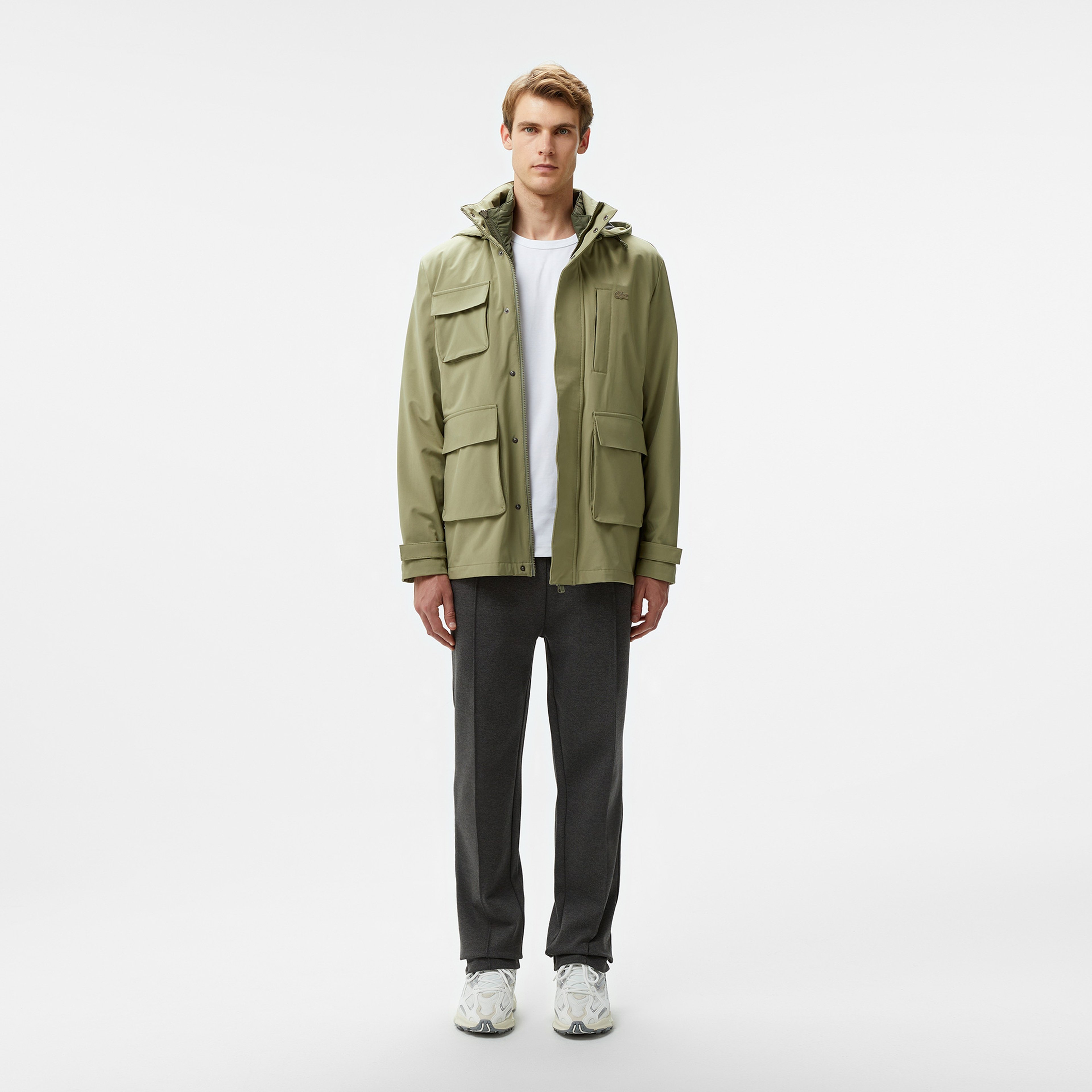 Erkek Regular Fit Kapüşonlu Baskılı Haki Yağmurluk