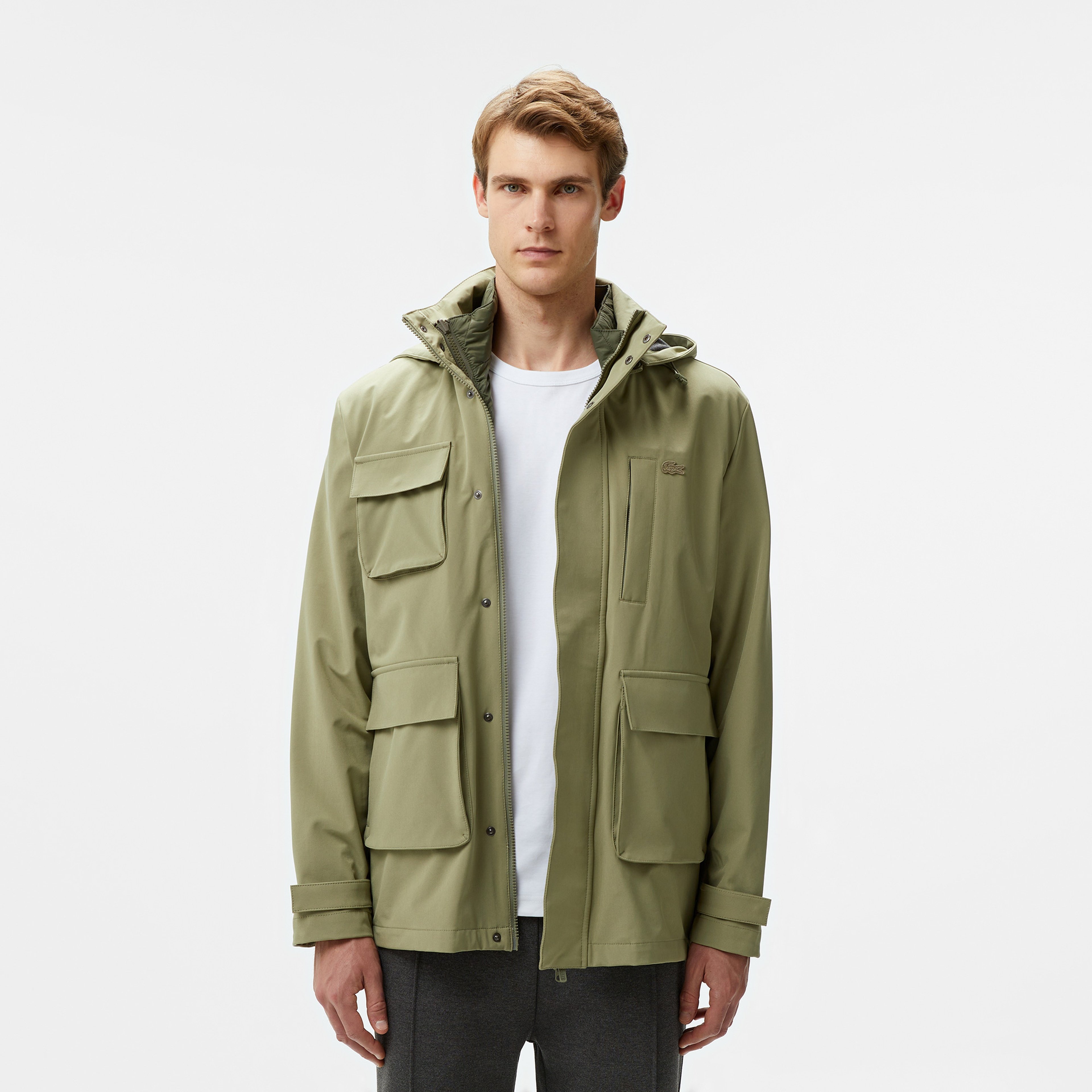 Erkek Regular Fit Kapüşonlu Baskılı Haki Yağmurluk