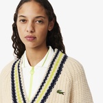 Kadın Relaxed Fit V Yaka Yün Renk Bloklu Krem Kazak