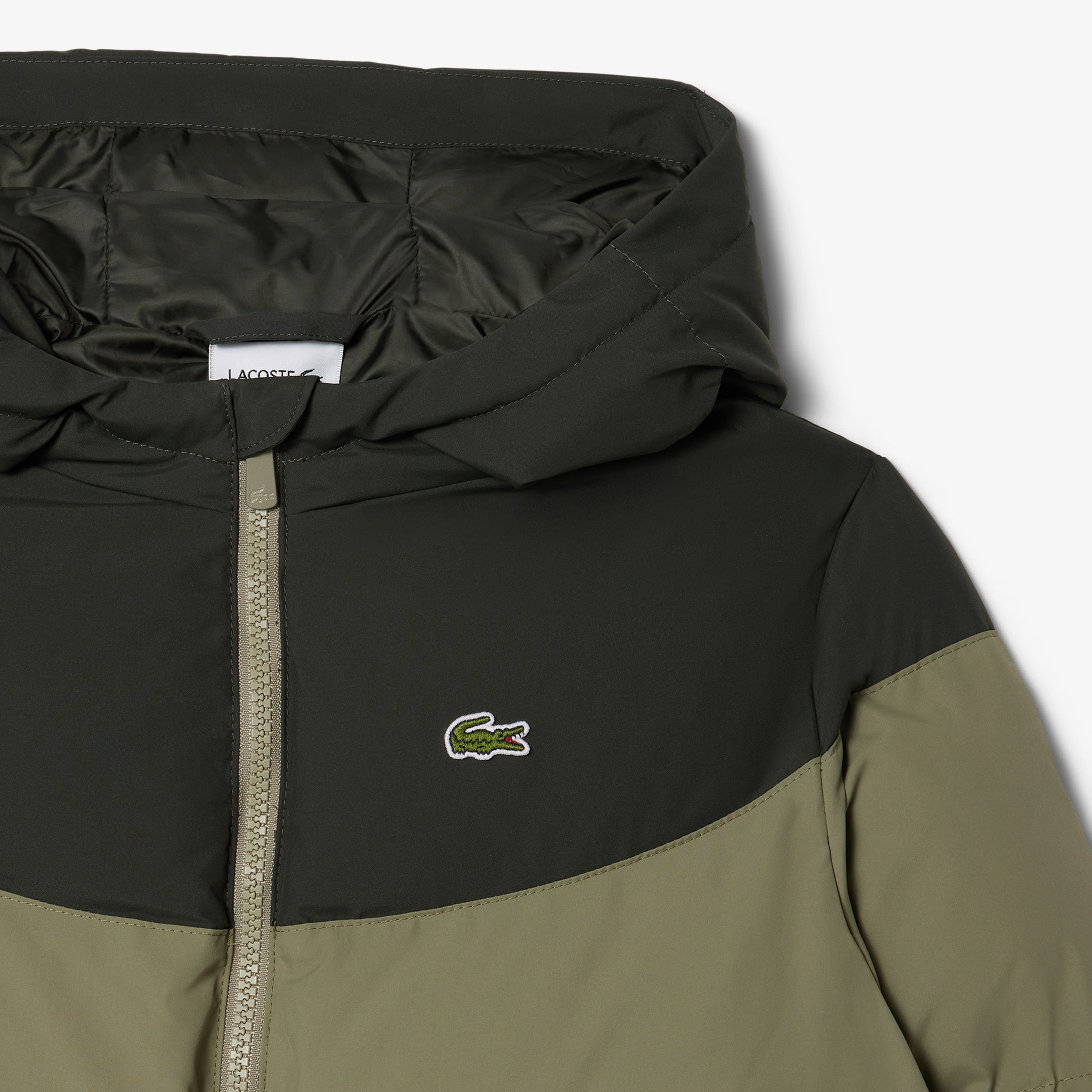 Çocuk Kapüşonlu Renk Bloklu Haki Mont