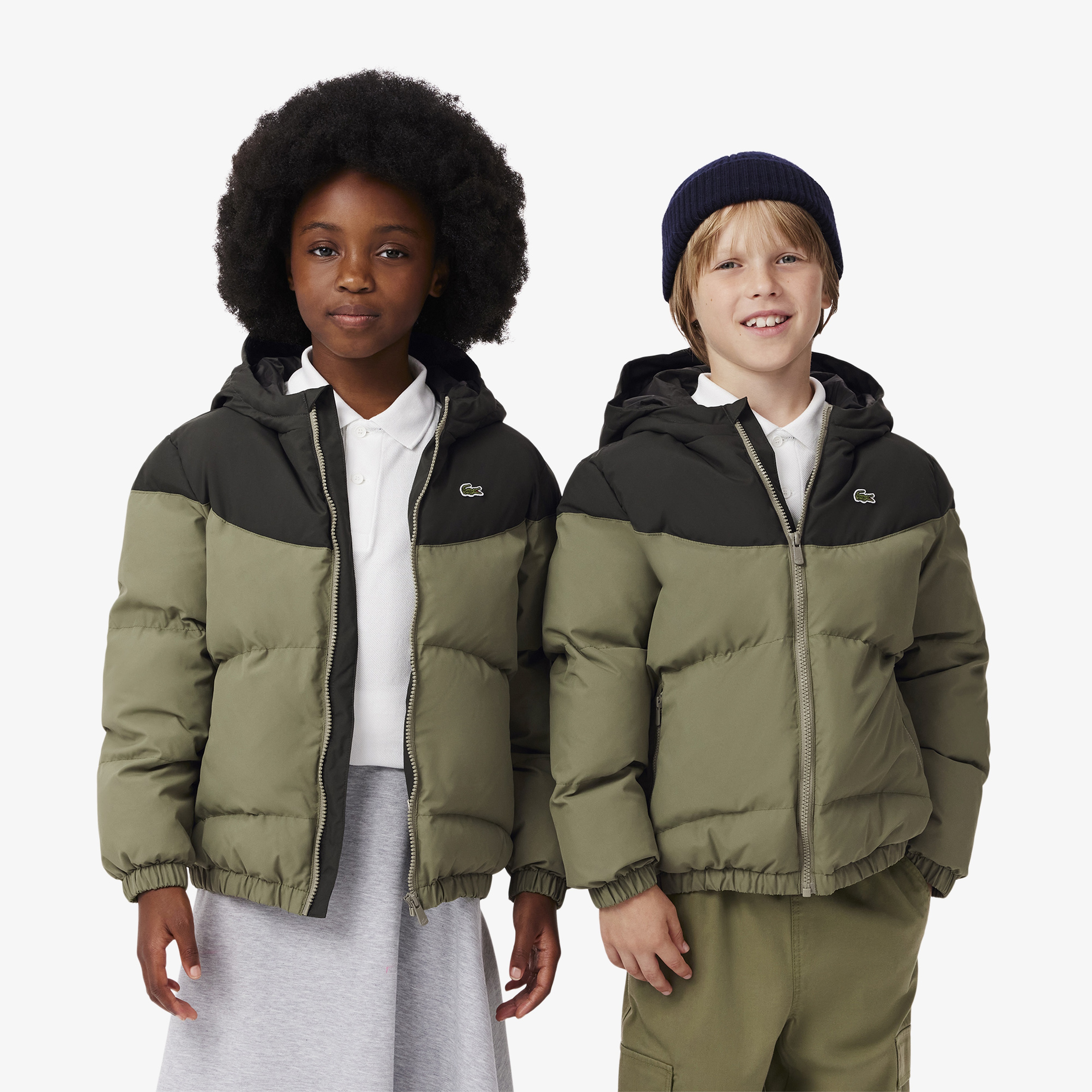 Çocuk Kapüşonlu Renk Bloklu Haki Mont