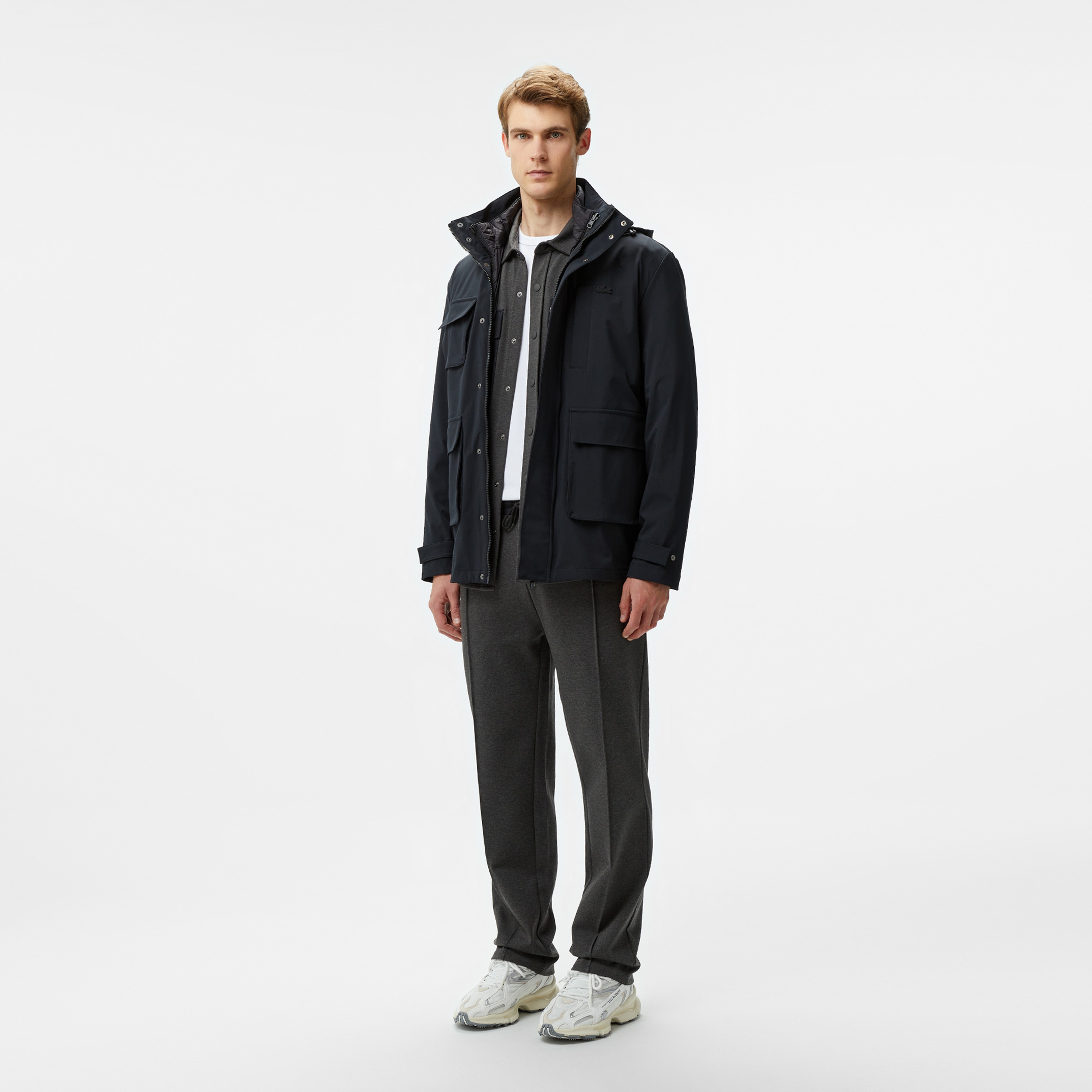 Erkek Regular Fit Kapüşonlu Baskılı Siyah Yağmurluk